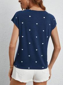 SHEIN Frenchy Heart Print Batwing Sleeve Tee - Navy Blue - View 6