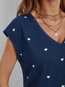 SHEIN Frenchy Heart Print Batwing Sleeve Tee - Navy Blue - View 7