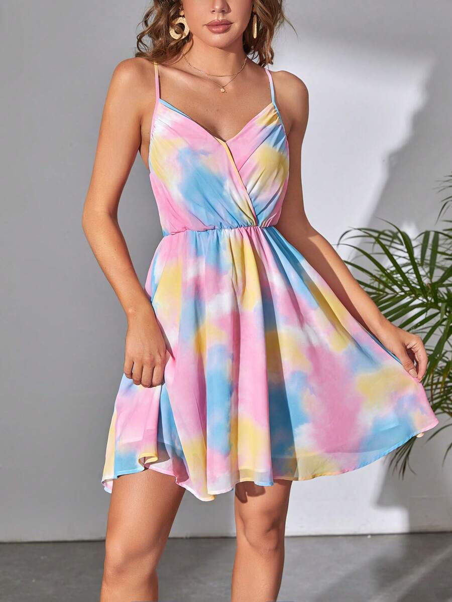 SHEIN Tall 紮染雪紡吊帶洋裝 - 彩色 - 查看 1