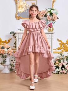 SHEIN Tween Girl Ruffle Trim High Low Hem Dress - Dusty Pink - View 1