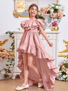 SHEIN Tween Girl Ruffle Trim High Low Hem Dress - Dusty Pink - View 3