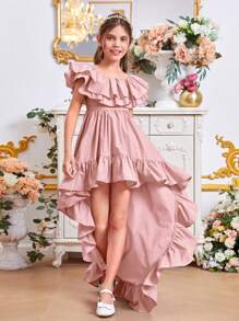 SHEIN Tween Girl Ruffle Trim High Low Hem Dress - Dusty Pink - View 4
