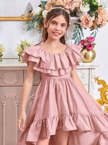 SHEIN Tween Girl Ruffle Trim High Low Hem Dress - Dusty Pink - View 6