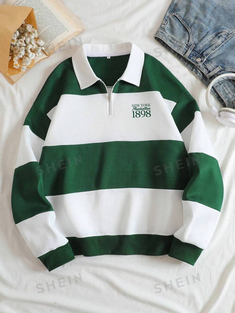 INAWLY Sudadera con media cremallera, hombros caídos y estampado de letras en bloques de color, manga larga