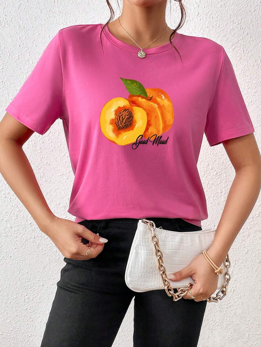 SHEIN Essnce Camiseta con estampado de fruta y letra - Rosa - Ver 1