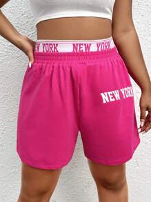 SHEIN EZwear Quần Short kích thước lớn Ruy băng Lá thư Giải trí - Màu Hồng Tươi - Xem 1