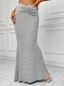 SHEIN Privé Ruched Front Mermaid Hem Skirt - Light Grey - View 3