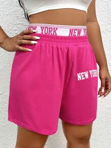 SHEIN EZwear Quần Short kích thước lớn Ruy băng Lá thư Giải trí - Màu Hồng Tươi - Xem 3