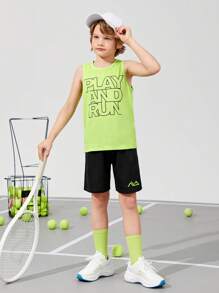 SHEIN 男孩運動酷字母圖案背心上衣 - 青檸色 - 查看 4