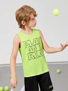 SHEIN 男孩運動酷字母圖案背心上衣 - 青檸色 - 查看 1