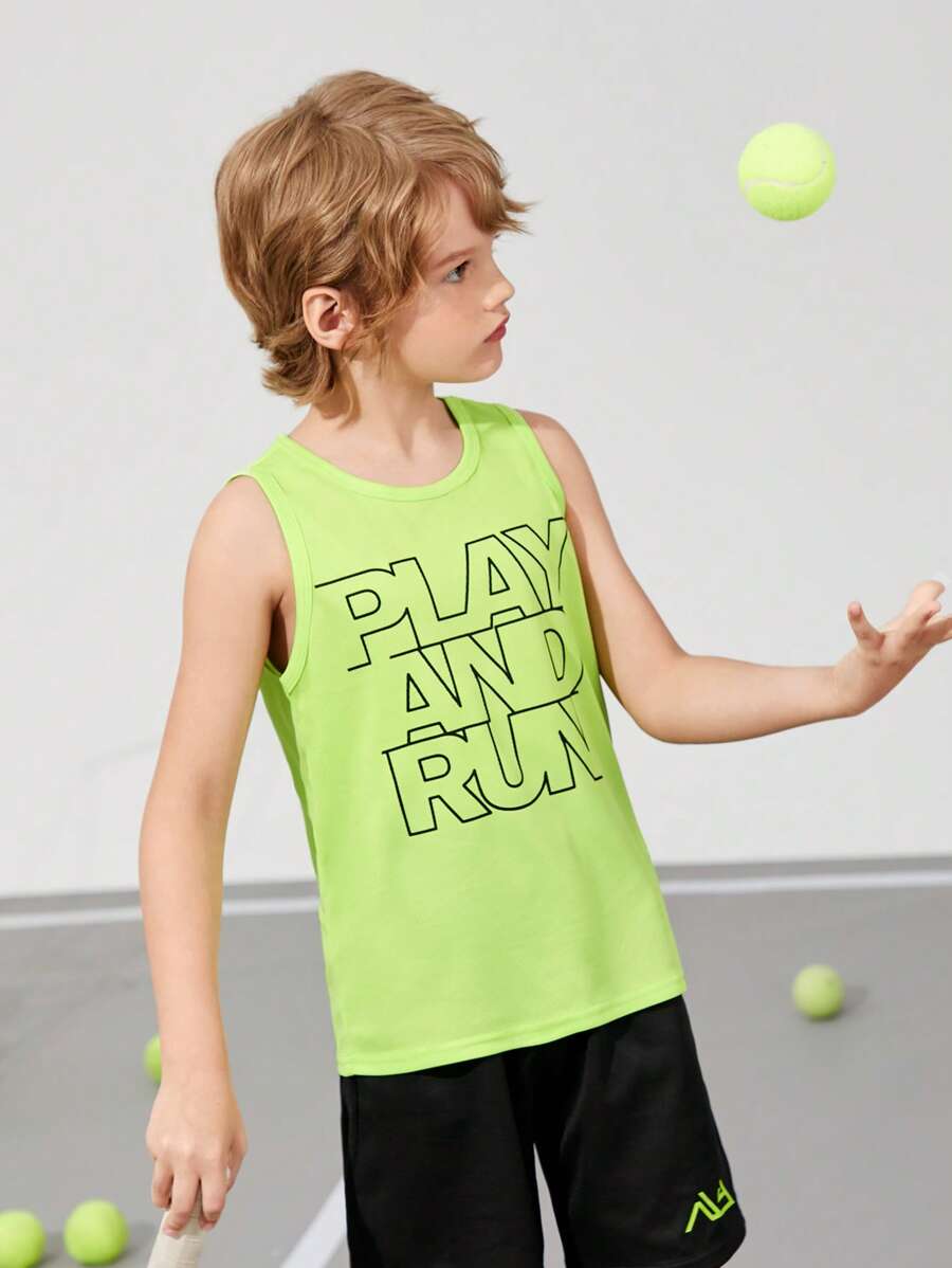 SHEIN 男孩運動酷字母圖案背心上衣 - 青檸色 - 查看 1