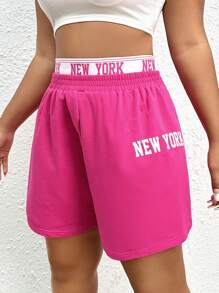 SHEIN EZwear Quần Short kích thước lớn Ruy băng Lá thư Giải trí - Màu Hồng Tươi - Xem 4