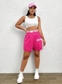SHEIN EZwear Quần Short kích thước lớn Ruy băng Lá thư Giải trí - Màu Hồng Tươi - Xem 5