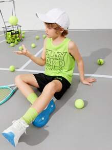 SHEIN 男孩運動酷字母圖案背心上衣 - 青檸色 - 查看 11