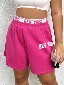 SHEIN EZwear Quần Short kích thước lớn Ruy băng Lá thư Giải trí - Màu Hồng Tươi - Xem 6