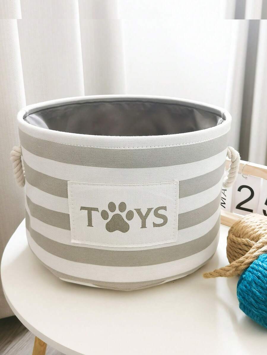 1pc Striped & Letter Graphic Pet Storage Basket For Cats & Dogs - Light Grey - View 1