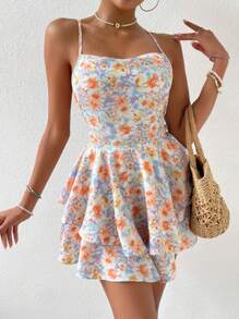 Soleia 印花露背繫帶二層下擺吊帶連衣裙 - 彩色 - 查看 1