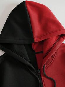 ROMWE MEN Grunge Punk Herren Zweifarbiger Cartoon-Grafik Reißverschluss Kordelzug Thermofutter Hoodie, Schule, für Herbst Winter