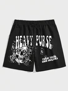 ROMWE MEN Street Life 男士骷髏頭和字母圖案腰部抽繩短褲 - 黑色 - 查看 1