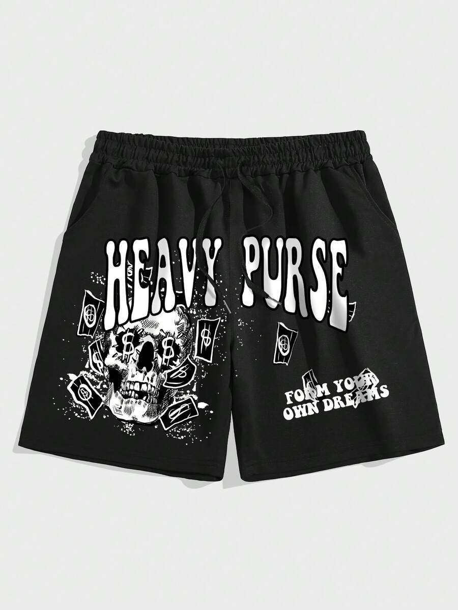 ROMWE MEN Street Life 男士骷髏頭和字母圖案腰部抽繩短褲 - 黑色 - 查看 1