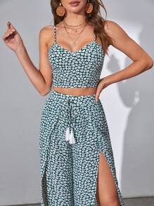 SHEIN Tall Ditsy Floral Cami Top & Split Thigh Trousers - Multicolor - View 5