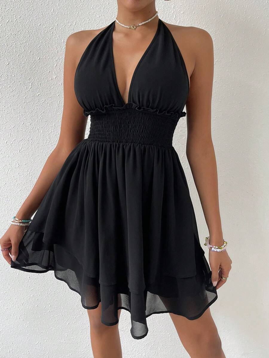 SHEIN VCAY Solid Frill Trim Tie Backless Halter Dress Flowy Dress
