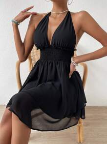 SHEIN VCAY Solid Frill Trim Tie Backless Halter Dress Flowy Dress