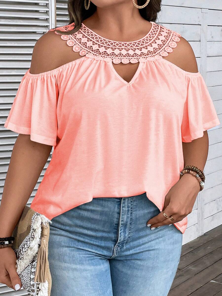 SHEIN Clasi Talla grande Camiseta con encaje en contraste de hombros descubiertos - Rosa vieja - Ver 1