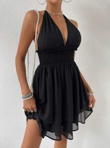 SHEIN VCAY Solid Frill Trim Tie Backless Halter Dress Flowy Dress
