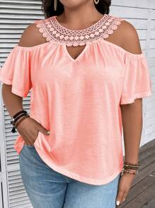 SHEIN Clasi Talla grande Camiseta con encaje en contraste de hombros descubiertos - Rosa vieja - Ver 3