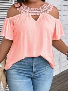 SHEIN Clasi Talla grande Camiseta con encaje en contraste de hombros descubiertos - Rosa vieja - Ver 4