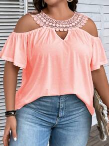 SHEIN Clasi Talla grande Camiseta con encaje en contraste de hombros descubiertos - Rosa vieja - Ver 6