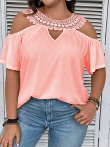 SHEIN Clasi Talla grande Camiseta con encaje en contraste de hombros descubiertos - Rosa vieja - Ver 7