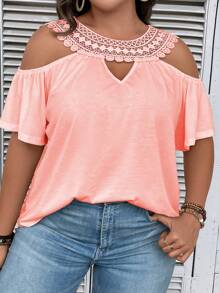 SHEIN Clasi Talla grande Camiseta con encaje en contraste de hombros descubiertos - Rosa vieja - Ver 8