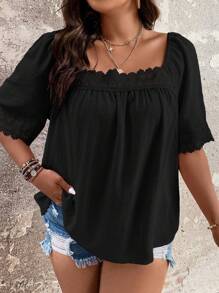 SHEIN LUNE 大碼拼接水溶蕾絲方領襯衫 - 黑色 - 查看 3