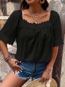 SHEIN LUNE 大碼拼接水溶蕾絲方領襯衫 - 黑色 - 查看 4