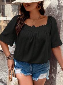 SHEIN LUNE 大碼拼接水溶蕾絲方領襯衫 - 黑色 - 查看 6