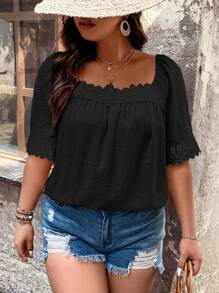 SHEIN LUNE 大碼拼接水溶蕾絲方領襯衫 - 黑色 - 查看 7