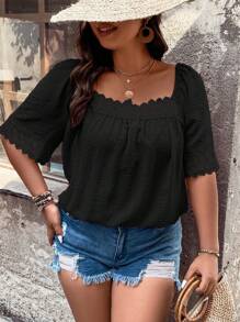 SHEIN LUNE 大碼拼接水溶蕾絲方領襯衫 - 黑色 - 查看 8