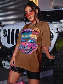 SHEIN Unity Áo thun nữ Ô tô/xe hơi Lá thư Giải trí - màu nâu - Xem 4