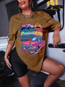 SHEIN Unity Áo thun nữ Ô tô/xe hơi Lá thư Giải trí - màu nâu - Xem 5