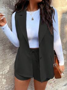 SHEIN LUNE Plus Flap Pocket Vest Blazer & Tie Front Shorts - Black - View 1