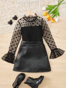 SHEIN Bộ hai mảnh Gái Nút Tương phản Mesh Xù Chấm bi Dễ thương - màu đen - Xem 1