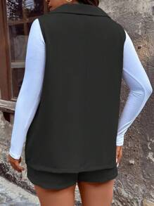 SHEIN LUNE Plus Flap Pocket Vest Blazer & Tie Front Shorts - Black - View 2