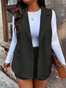 SHEIN LUNE Plus Flap Pocket Vest Blazer & Tie Front Shorts - Black - View 3