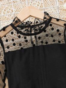 SHEIN Bộ hai mảnh Gái Nút Tương phản Mesh Xù Chấm bi Dễ thương - màu đen - Xem 4