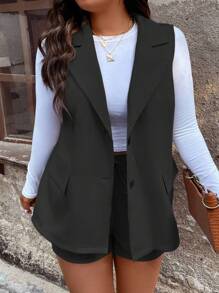 SHEIN LUNE Plus Flap Pocket Vest Blazer & Tie Front Shorts - Black - View 4