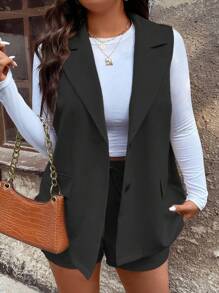 SHEIN LUNE Plus Flap Pocket Vest Blazer & Tie Front Shorts - Black - View 5