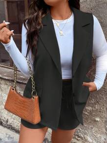 SHEIN LUNE Plus Flap Pocket Vest Blazer & Tie Front Shorts - Black - View 7