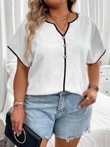 Celure 大碼撞色滾邊缺口領蝙蝠袖襯衫 - 米色 - 查看 1